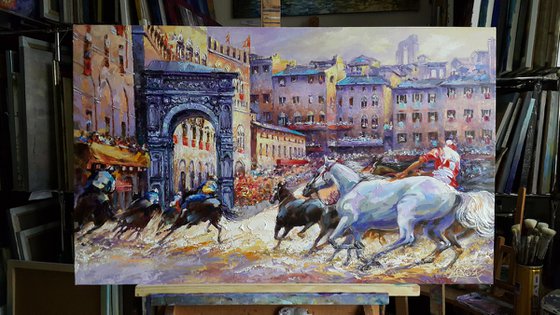 Palio di Siena - horse race, original oil painting