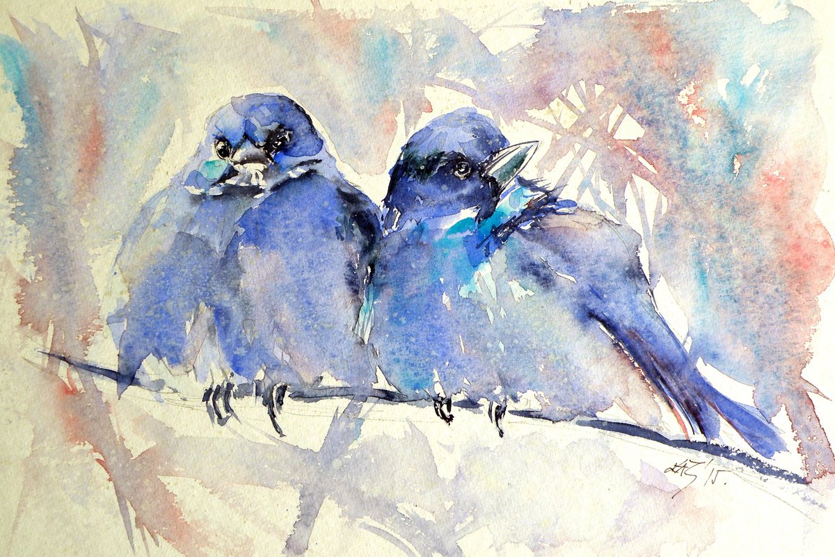Impressionistic Animal Watercolour By Kovacs Anna Brigitta, 12 X 8", Mountain Bluebirds, Original Artwork