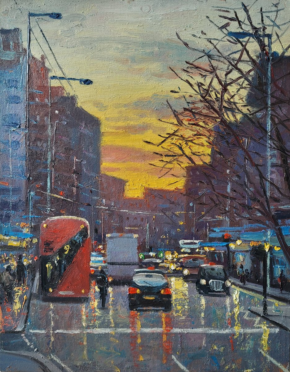 Impressionistic Cityscapes Oil Painting By Roberto Ponte, 11 X 14", Kensington High St London, Original Artwork