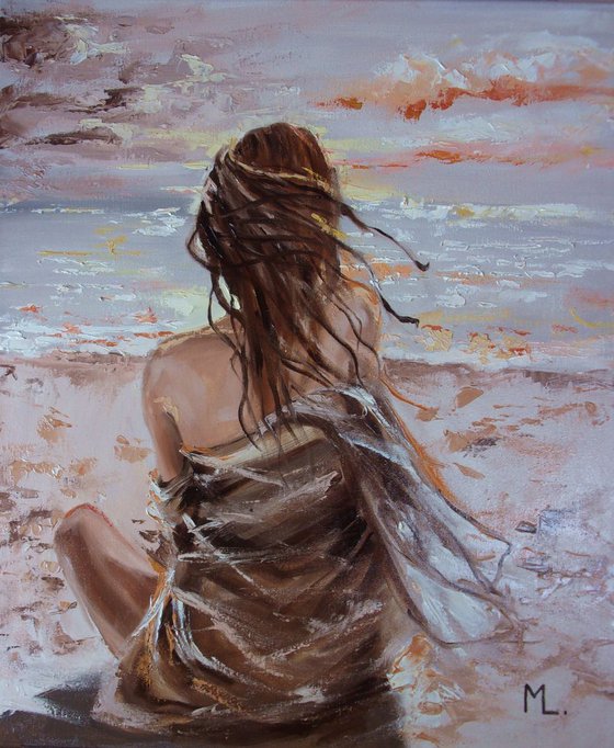 MONIKA LUNIAK " MAGIC PLACES VII ... "- SKY SEA SAND liGHt  ORIGINAL OIL PAINTING, GIFT, PALETTE KNIFE