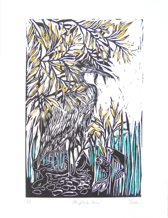Heron linocut, A3