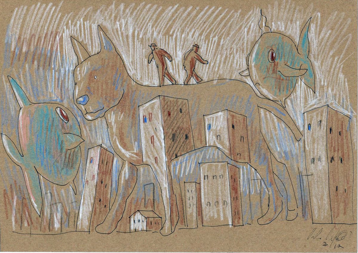 Surrealistic Animal Pastel Drawing By Paolo Beneforti, 12 X 8", Another World., Original Artwork