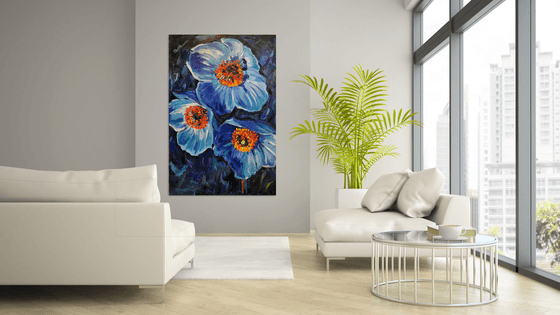 FLOWER OF TIBET - indigo colours, floral art,  large size, original oil painting