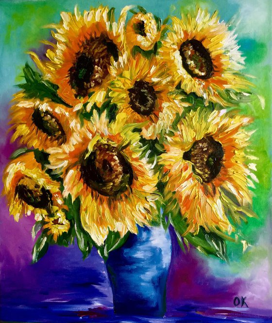 BOUQUET OF SUNFLOWERS inspired by VINCENT VAN GOGH . palette knife modern  oil still life painting on blue purple pink yellow Dutch style office home decor gift