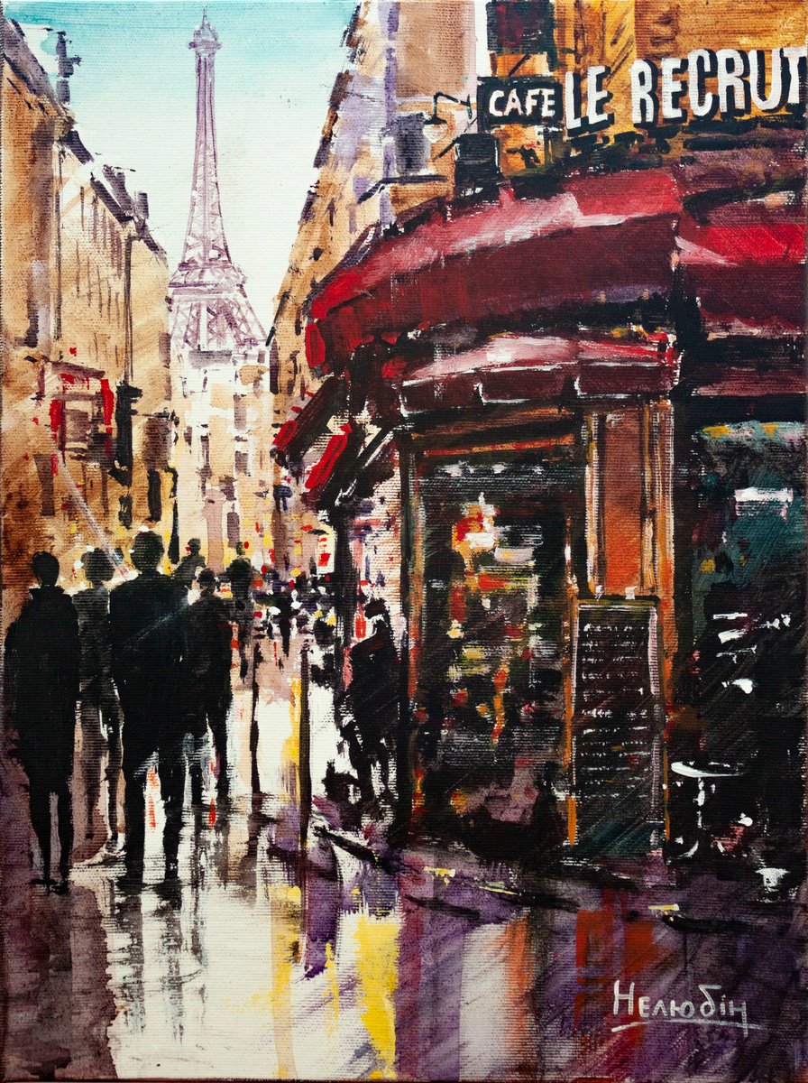 Impressionistic Cityscapes Acrylic Painting By Aleksandr Neliubin, 12 X 16, Cafe, Original Artwork