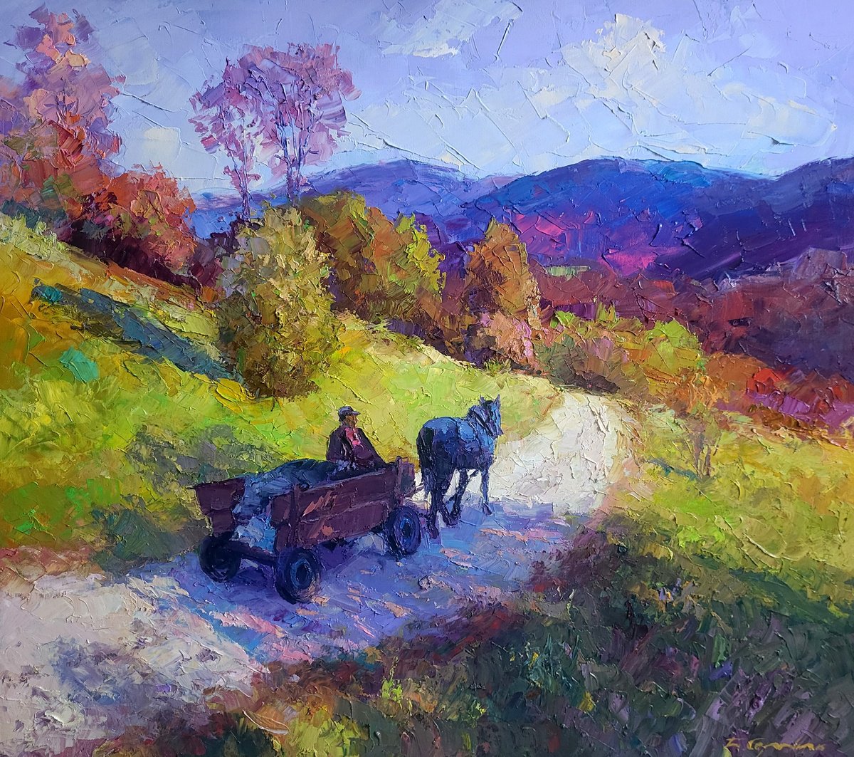 Impressionistic Landscape Oil Painting By Boris Serdyuk, 31 X 28, Mountain Road, Original Artwork