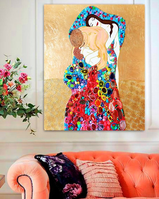 Family portrait, father mother and baby. Man woman child love art with natural gemstones, gold leaf (petal), Murano glass mosaic