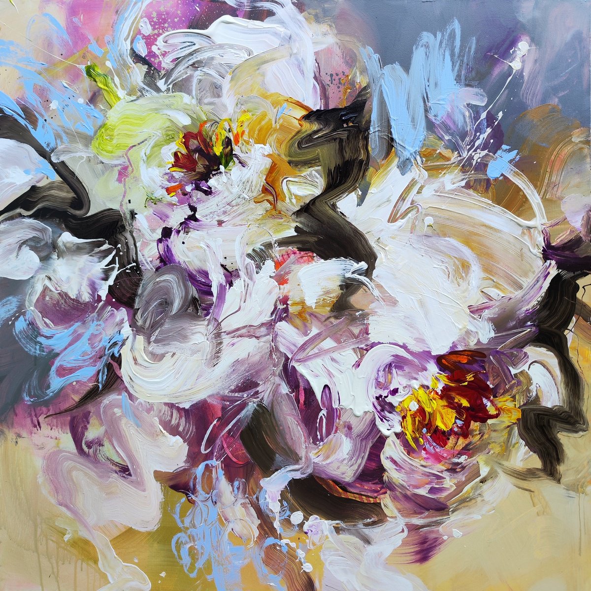 Expressive Abstract Acrylic Painting By Anna Cher, 39 X 39, Pulse Of The Moment, Original Artwork