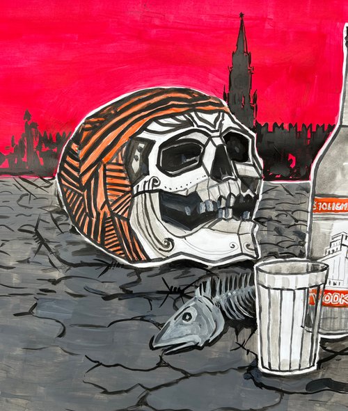 Vanya, vodka, a glass and a salmon, an original acrylic abstract by Roman Sergienko