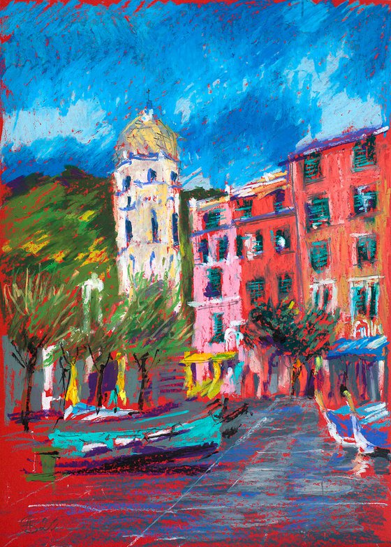 Vernazza. Tower in the old town harbor. Urban city sketch. Small oil pastel impressionistic interior painting