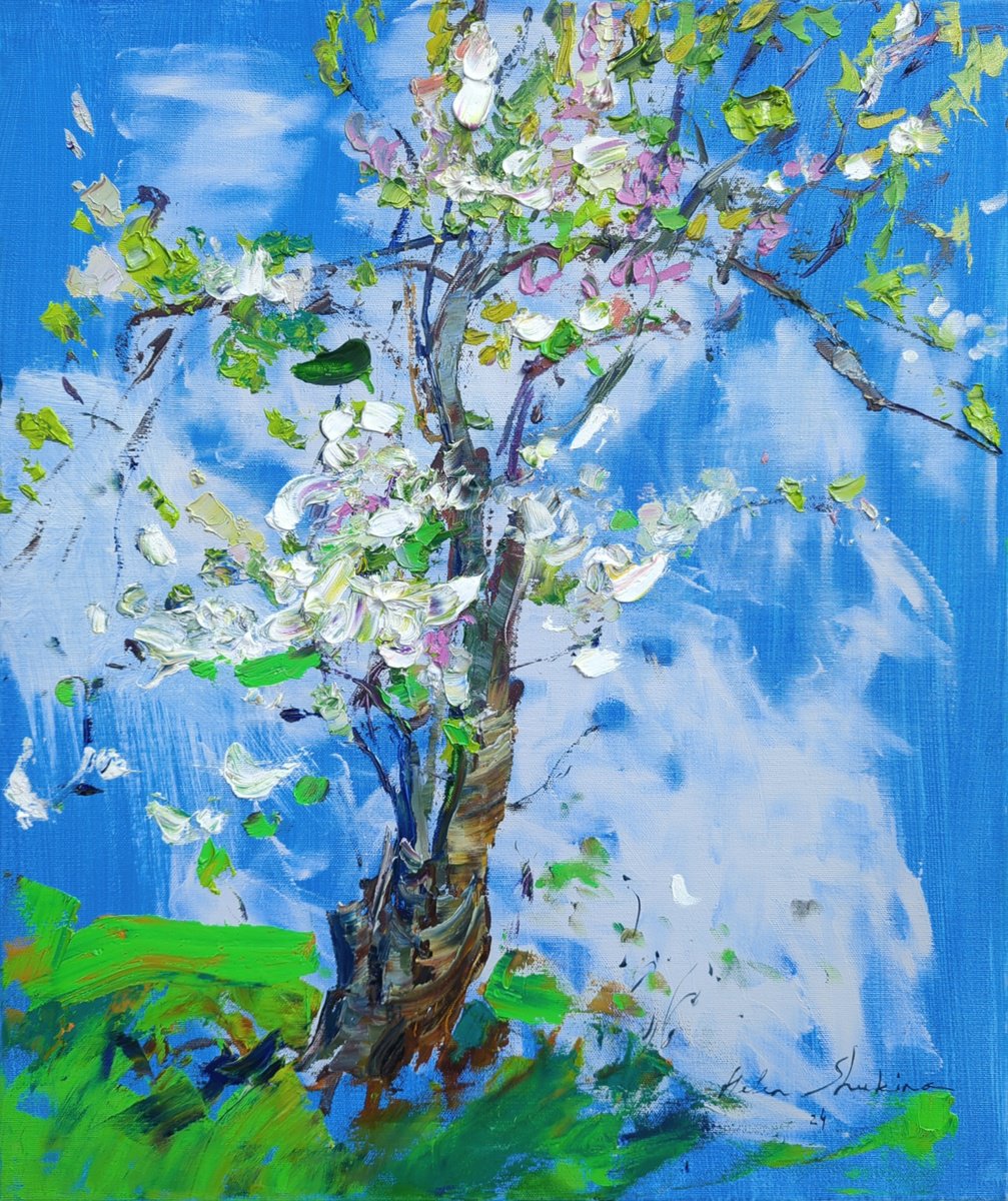 Expressive Botanical Oil Painting By Helen Shukina, 20 X 24, Spring Blue, Awakening, Original Artwork