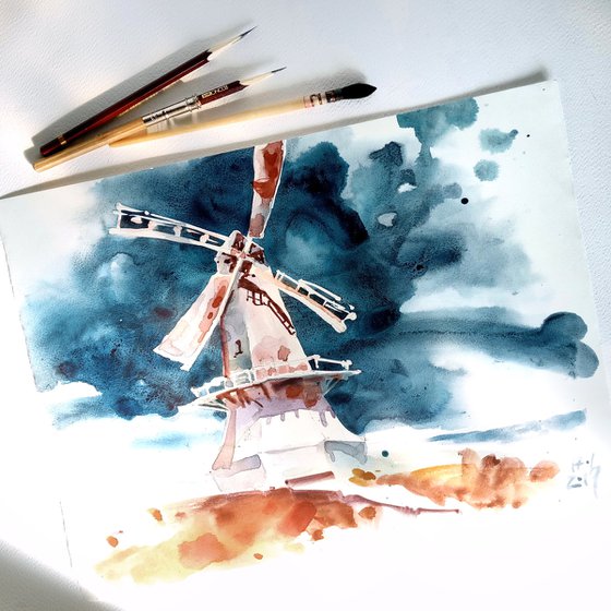 "Windmill in a Thunderstorm" Original watercolor painting