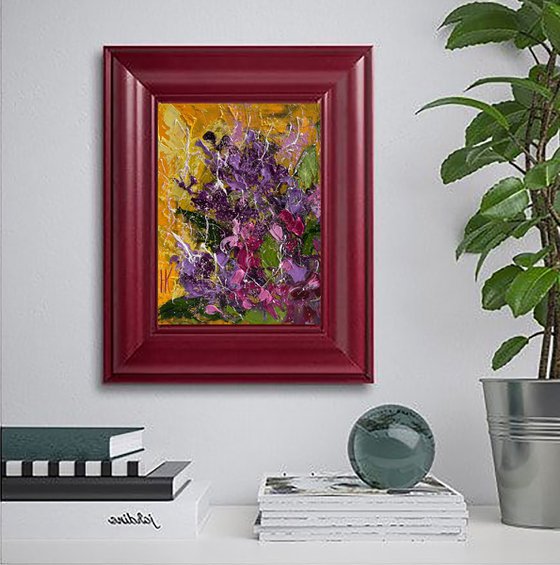 Lilac Painting Impasto Original Art Flowers Small Oil Artwork Floral Wall Art 6 by 8" by Halyna Kirichenko