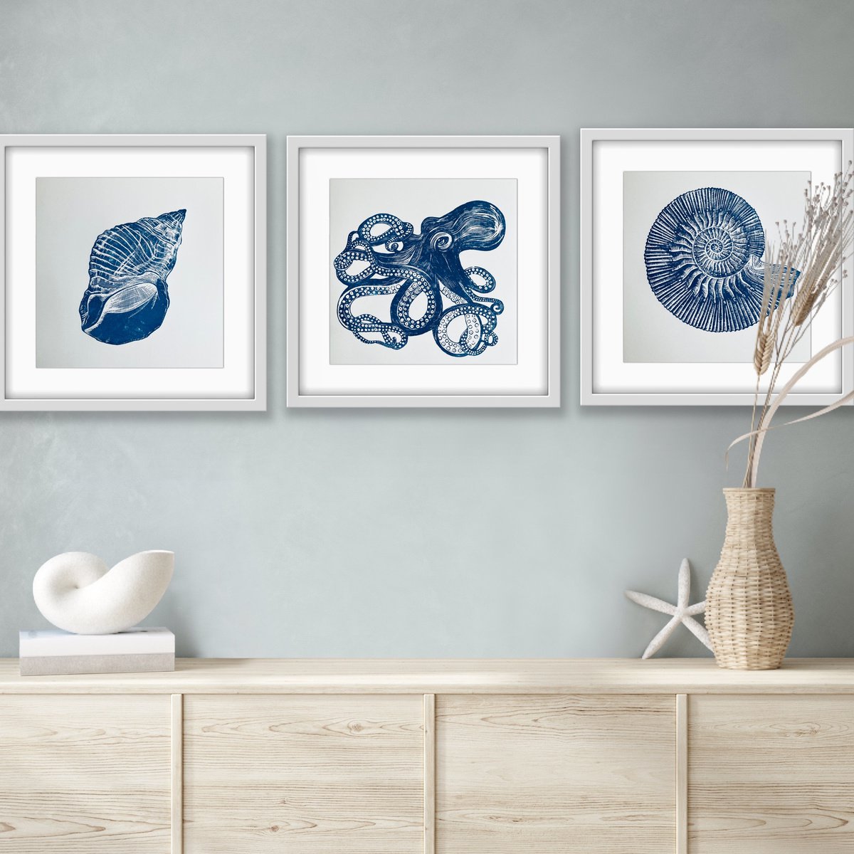 Linocut , Sealife Triptych Linocuts ( Blue) By Amy Cundall, 12 X 12, Artwork For Sale On Artfinder
