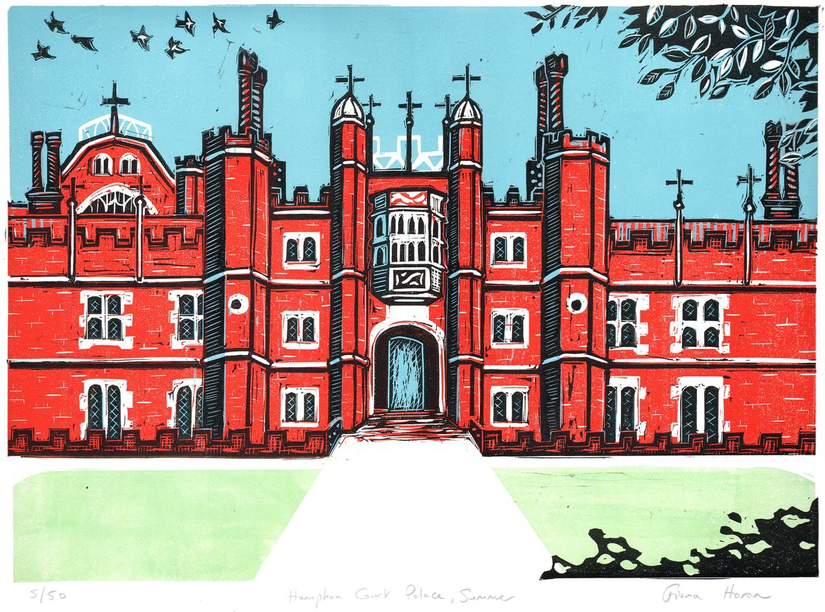 Hampton Court Palace, London, summer. Large Limited Edition linocut by Fiona Horan