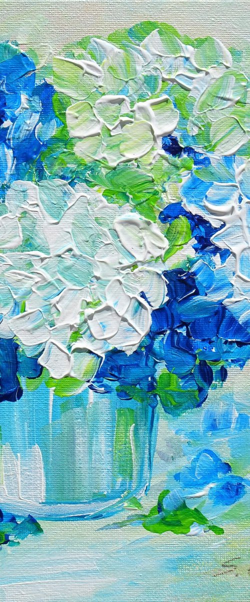 White and Blue Hydrangea Small Painting on Canvas by Sveta Osborne