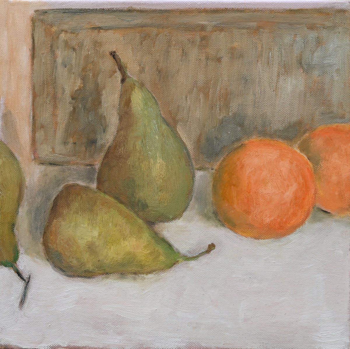 Still Life Oil Painting By Elena Zapassky, 12 X 12, Season Of Big Green Pears, Original Artwork