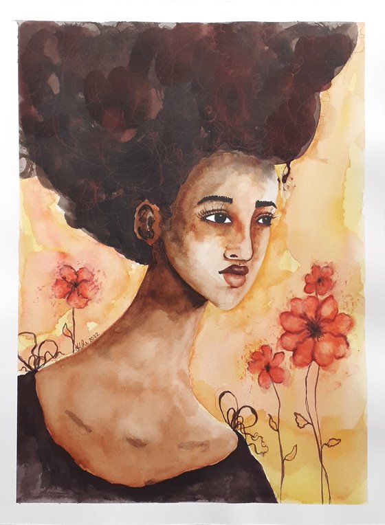 'True Abundance' Original Black Art Portrait Painting approx. 9" x 12" | Unframed