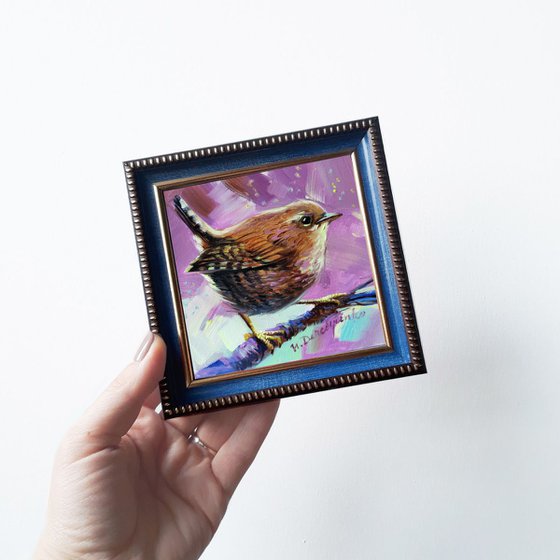 Bird painting 4x4, Wren art original, Mini bird art framed, Tiny birds artwork, Small Bird purple painting oil, Christmas gift for women