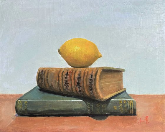 Lemon & Books Still Life; Framed & ready to hang home decor gift oil painting.