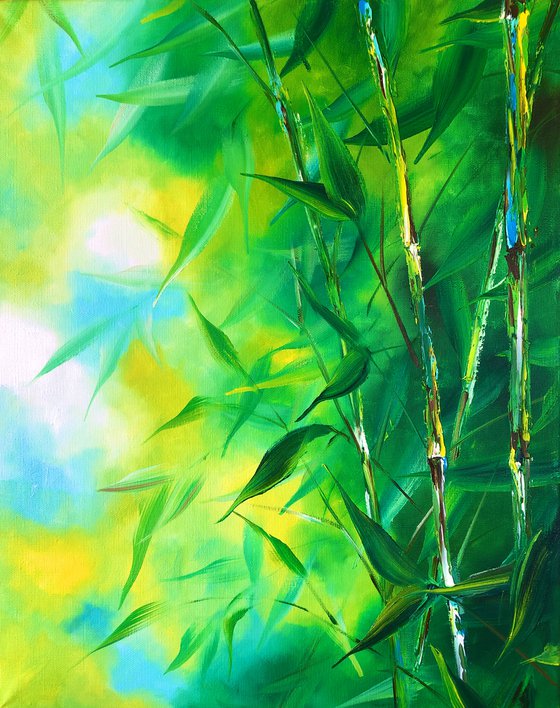 GREEN PORTAL - Set. Modern diptych with a green leaves. Painting with a wood landscape on canvas. Green bamboo oil painting.