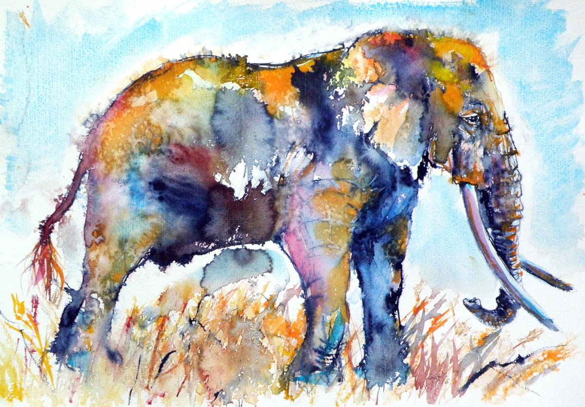 Animal Watercolour By Kovacs Anna Brigitta, 20 X 14", Colorful Elephant Ii, Original Artwork