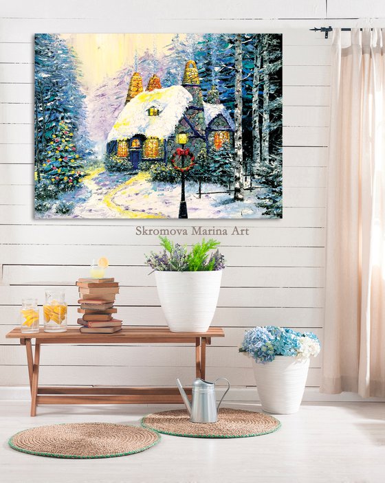 WINTER FAIRY TALE - House woods. Magic. Chimney. Spruce. Track. Light from window. Christmas. New Year.