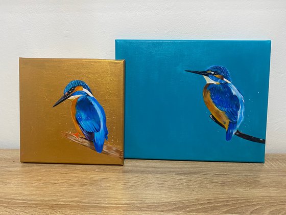 Kingfisher acrylic painting on gold background
