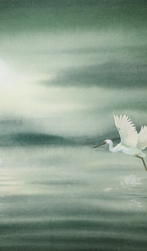 Serenity -  lake -  flying egr by Olga Beliaeva Watercolour