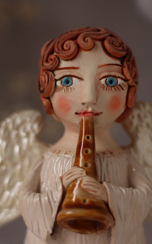 Song of the angel. Angel with a flute OOAK sculpture. by Elya Yalonetski