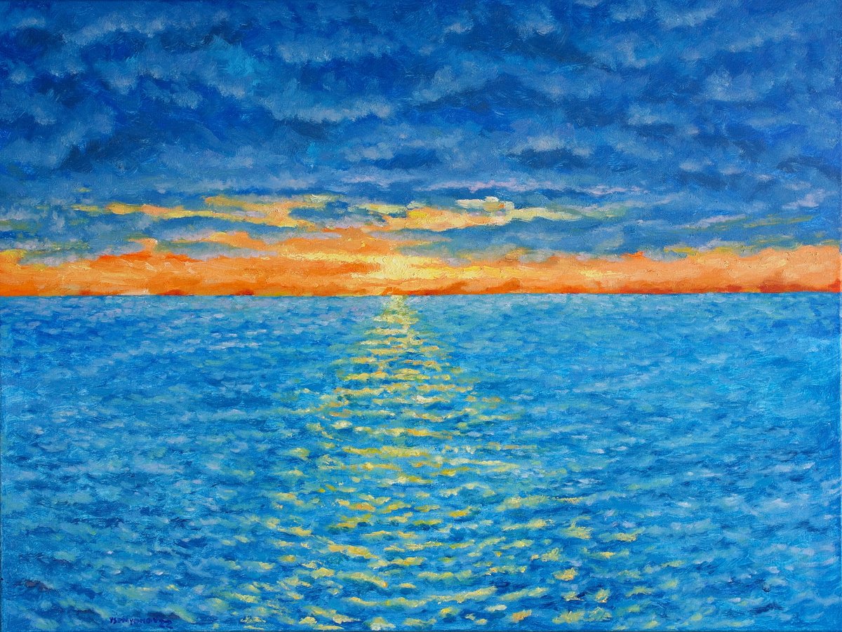 Impressionistic Landscape Oil Painting By Juri Semjonov, 31 X 24", Sea Stories - Sunset, Original Artwork