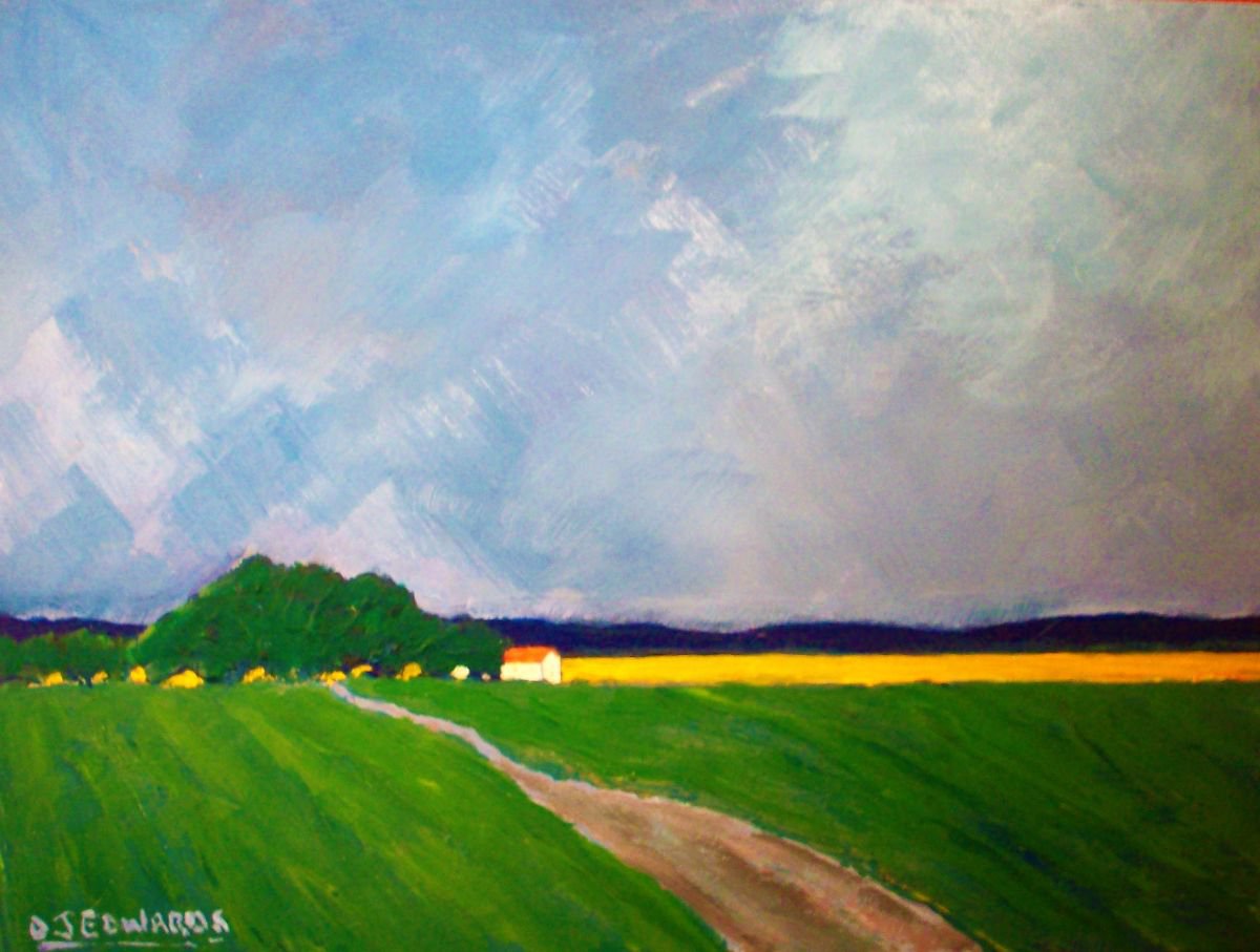Impressionistic Landscape Acrylic Painting By David J Edwards, 16 X 12, Incoming Rain, Canola Fields, Original Artwork
