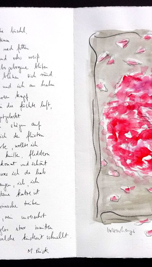 Monika Rinck: Peonies, Variant 1 - handwritten poem and gouache by Volker Mayr