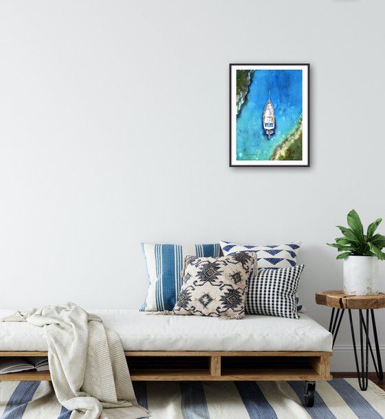 Sailing boat near the coast blue sea original watercolor painting medium size photorealistic stile gift idea