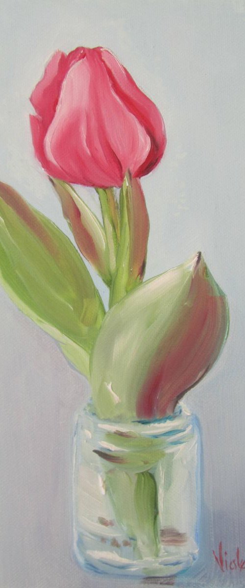 Pink Tulip in a Glass Jar (25x30 cm/ 10x12 inches) by Violeta Damjanovic-Behrendt