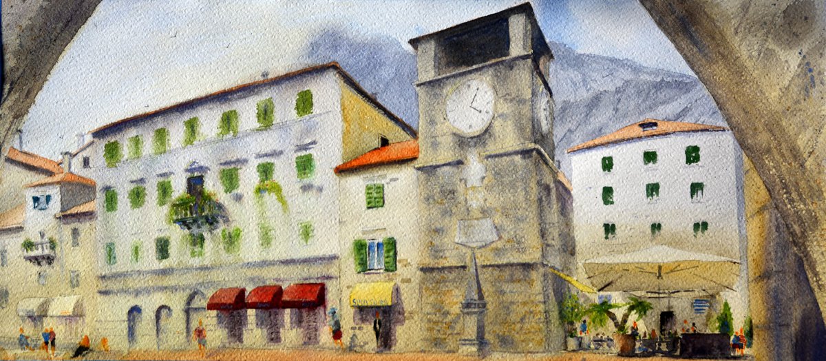 Impressionistic Cityscapes Watercolour By Nenad Kojic, 22 X 10", Souvenir From Kotor Montenegro, Original Artwork