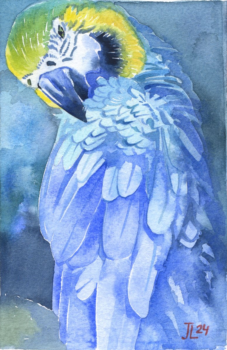 Blue Parrot Watercolor by Julia Logunova