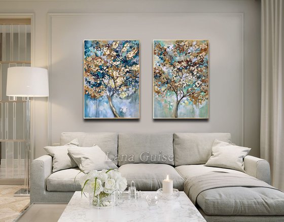 Duality - 48" x 36" Abstract Tree Art, Set of Two Paintings, Multi Panel Abstract, ORIGINAL Painting, Gold Leaf Painting, Black and Gold, Large Art