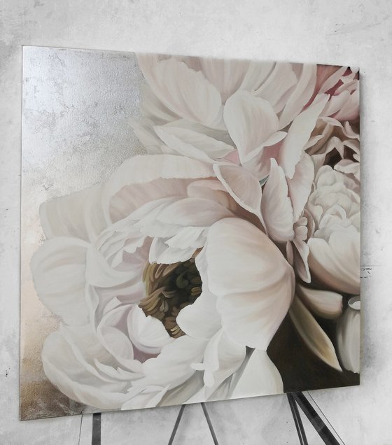 "Silk peonies" White silver oil flower art