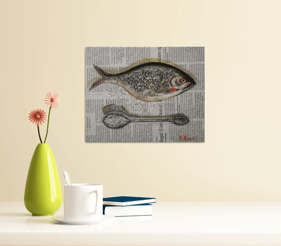 Fishy Dinner - Original Oil on Canvas Board 10 by 8" (25x20 cm)