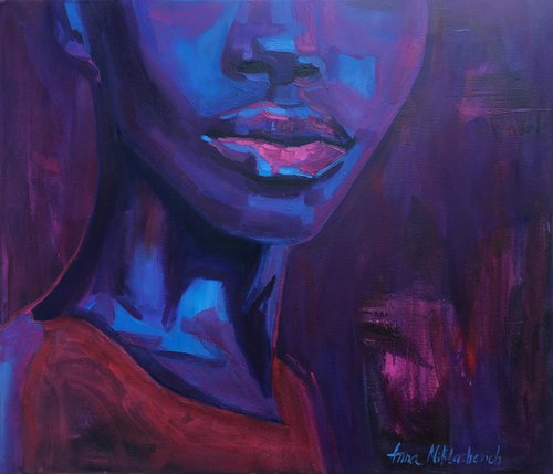 Chic black woman portrait in purple and magenta by Anna Miklashevich