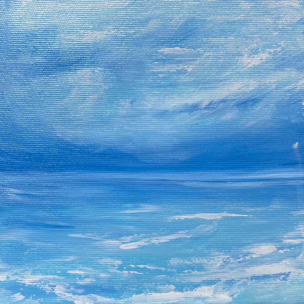 Impressionistic Landscape Acrylic Painting By Nataliia Krykun, 10 X 10", Summer Blue Sky, Water #1, Original Artwork