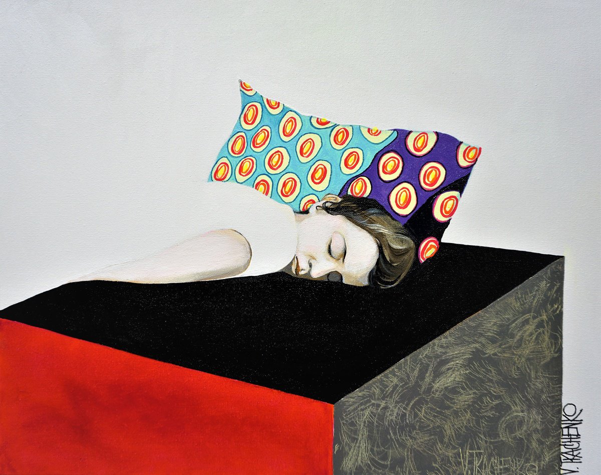 Organic Portrait Acrylic Painting By Victor Tkachenko, 20 X 16", Sleepy Head, Original Artwork