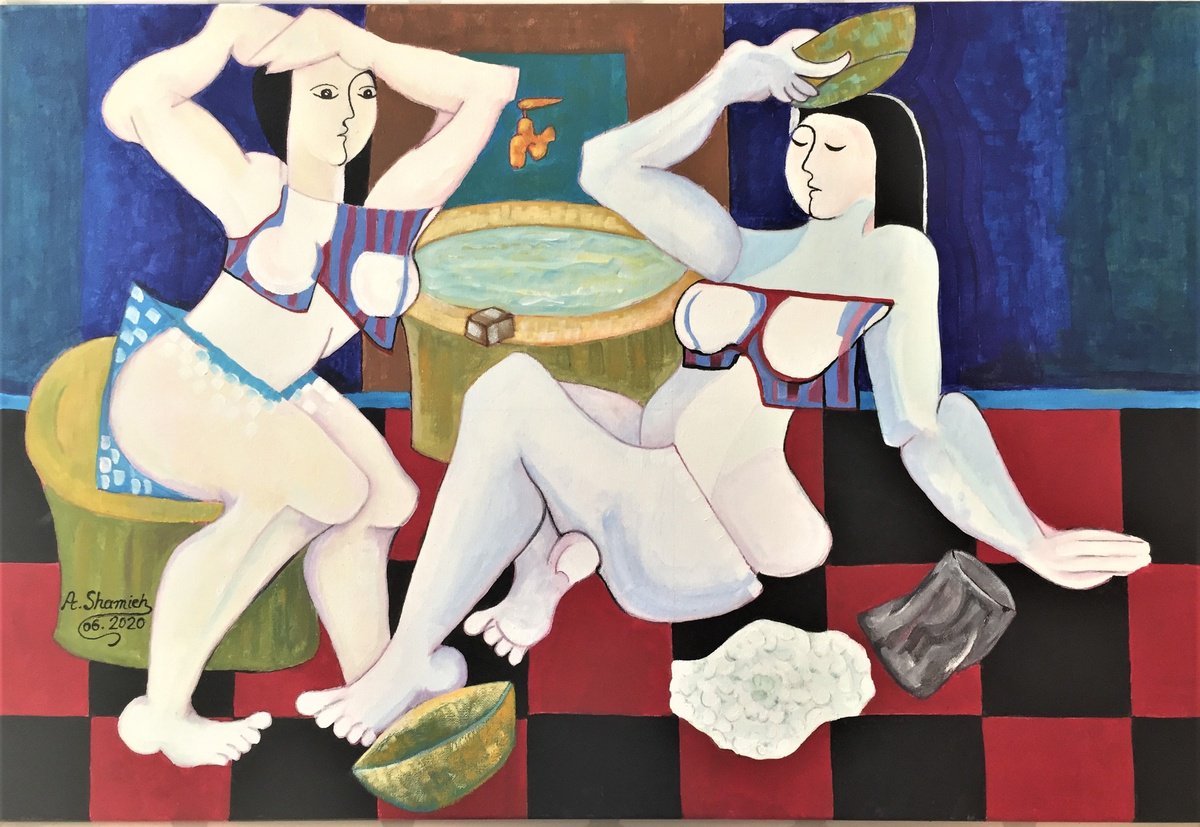 Abstract Portrait Acrylic Painting By Abdelrahman Shamieh, 35 X 24, Oriental Bath, Original Artwork