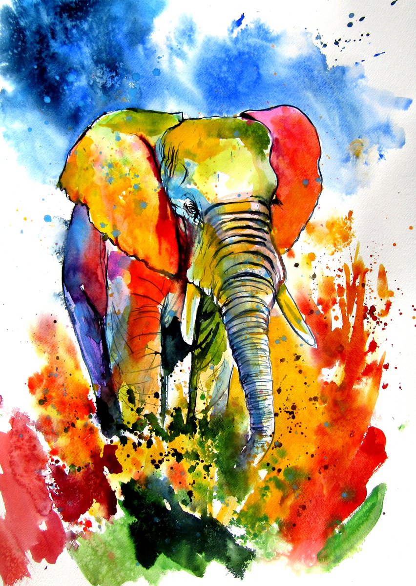 Impressionistic Watercolour , Colorful Elephant On The Field By Kovacs Anna Brigitta, 20 X 28, Artwork For Sale On Artfinder