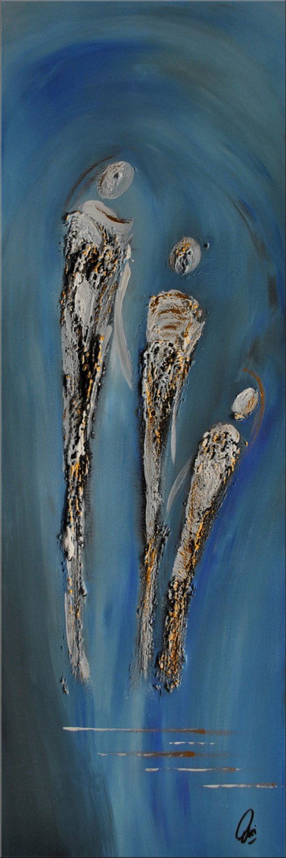 Family - abstract acrylic painting, canvas wall art, blue, black, white gold, framed modern art