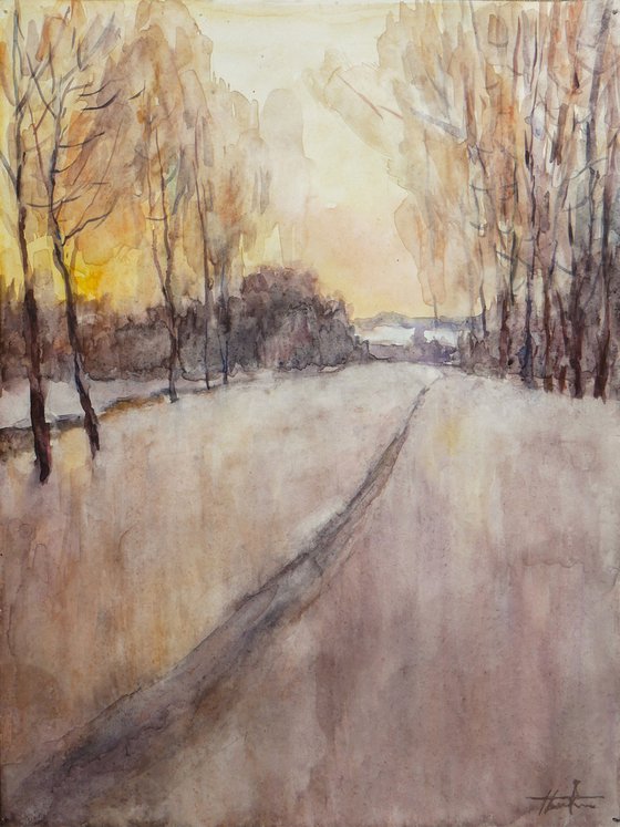 Winter evening - sunny winter landscape watercolor