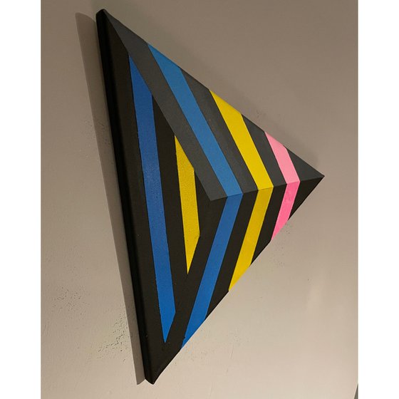 Original Modern Abstract Geometric Op Art Framed Triangle Shaped Canvas Painting