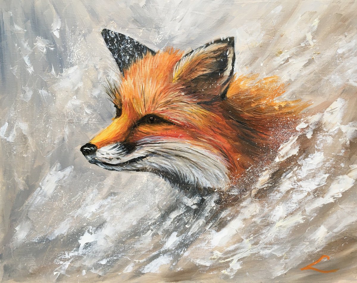 Impressionistic Animal Oil Painting By Elena Sokolova, 20 X 16, Winter Fox 2, Original Artwork