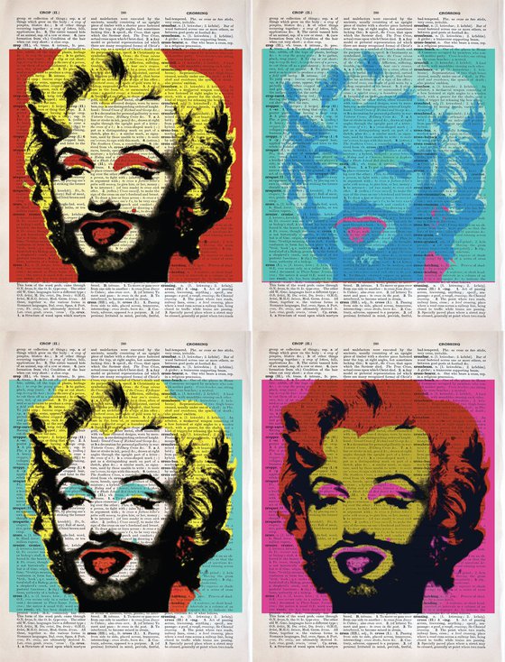 Marilyn Monroe With a Beard - Andy Warhol Inspired Multi Panel 4 Collage Art on Large Real English Dictionary Vintage Book Page